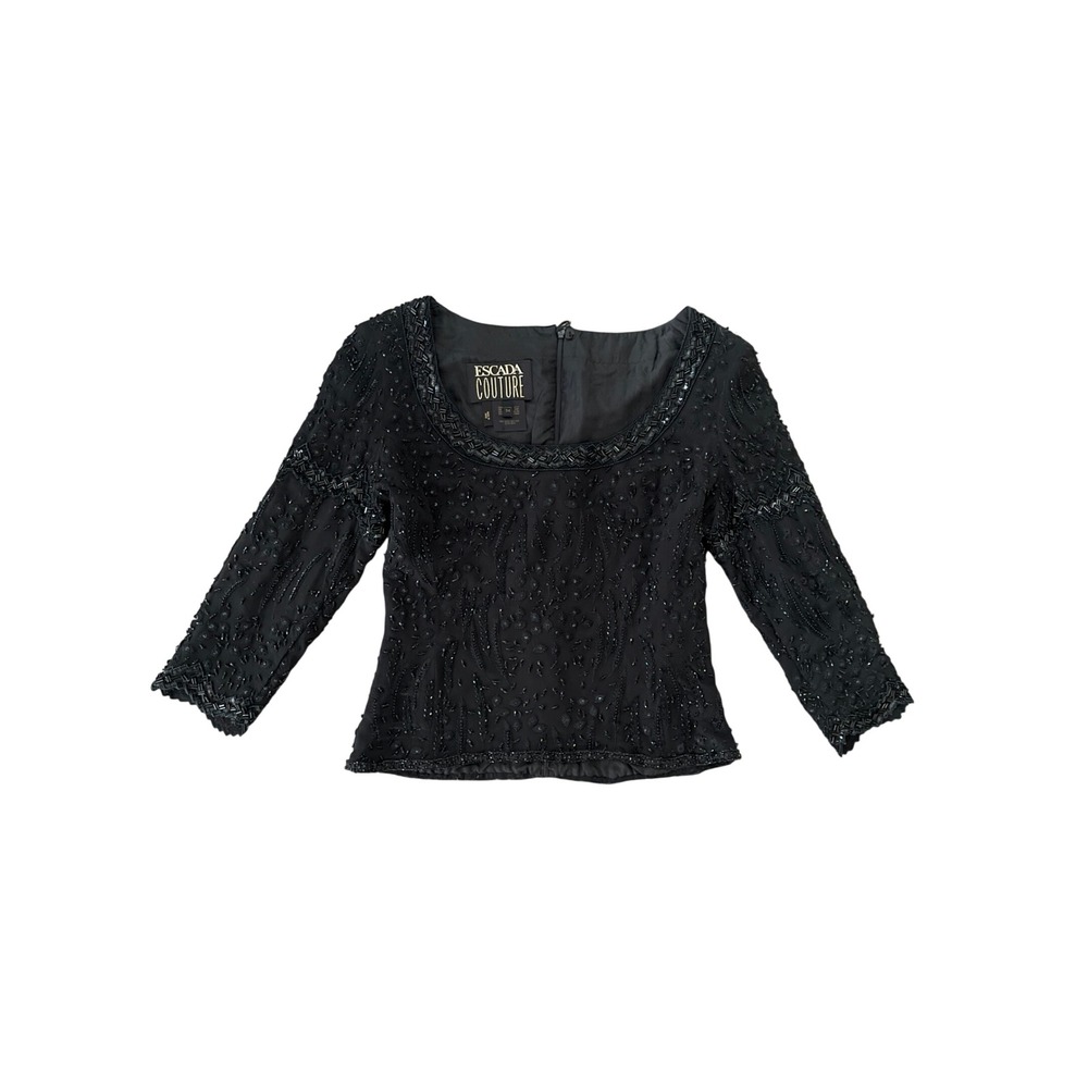 Escada Couture Black Silk Beaded Embroidered Top 4 Scoop Neck 3/4 Sleeve Evening